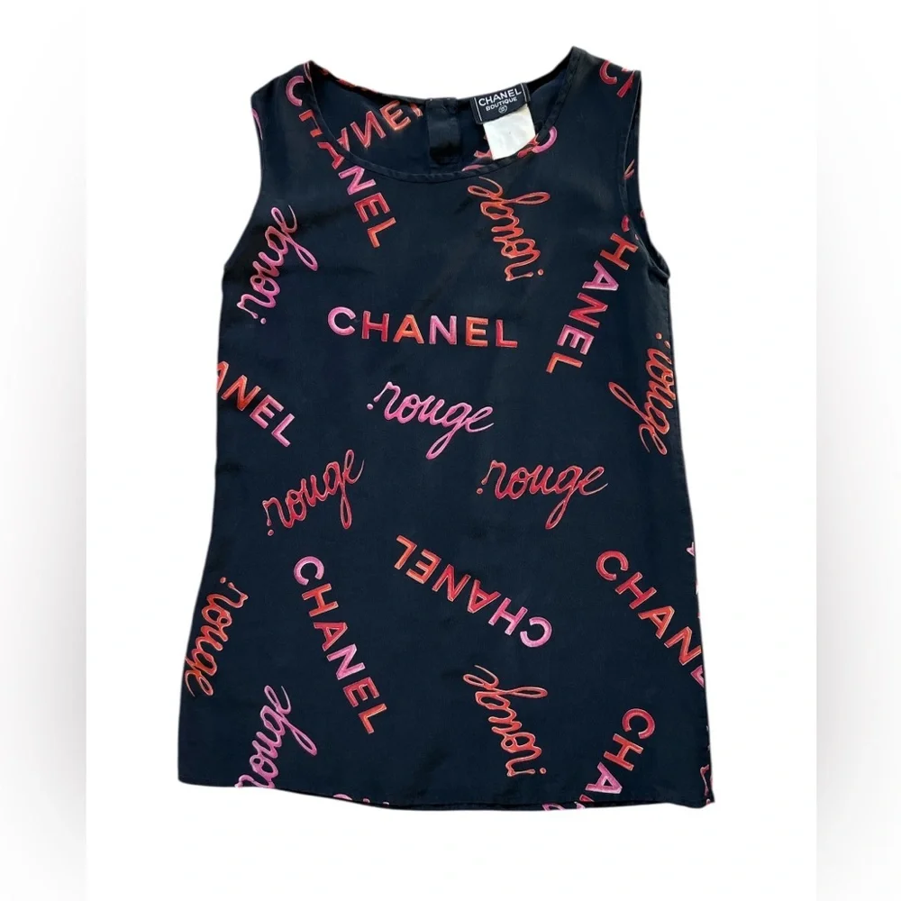 Vintage Chanel Rouge Logo-Print Silk Tank Top - Spring/Summer 1996 Collection